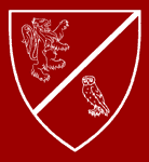 Crest of International Society of Overanalysis. Griffin in upper left, crossbar from upper right to lower left, owl in lower right.